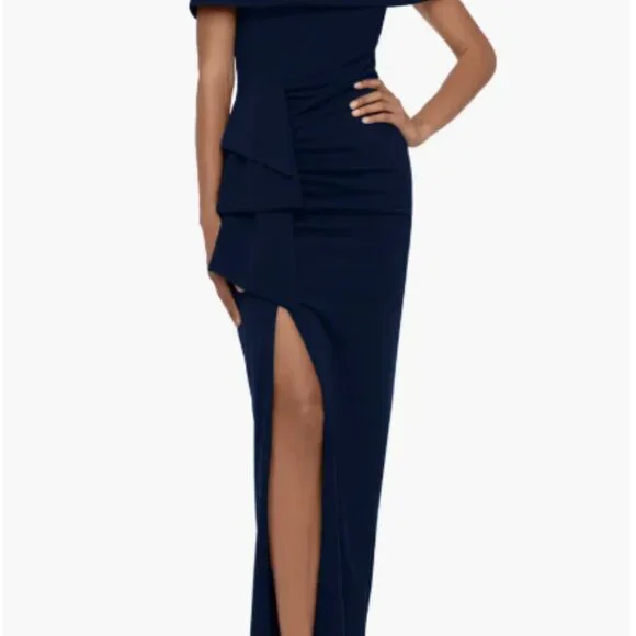 NEW with tags Nordstrom Ruched Off the Shoulder Crepe Gown in Navy - Picture 4 of 16